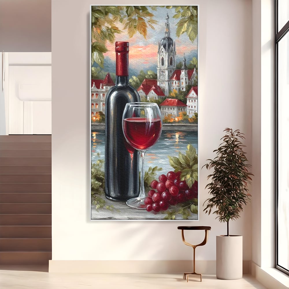 Tablou canvas cu pictura cu sticla de vin si oras, in rama de aluminiu argintiu
